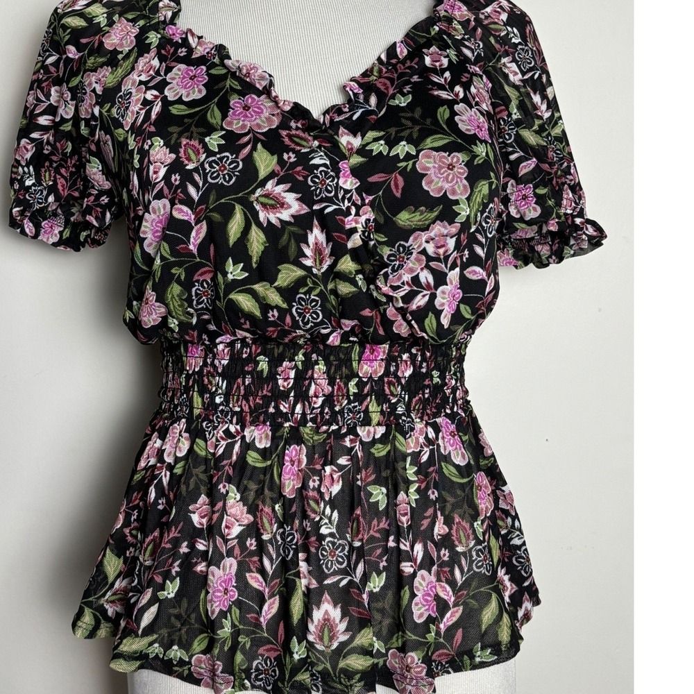 IN San Francisco Womens Floral Mesh Milkmaid Top XS Smocked Coquette Romantic